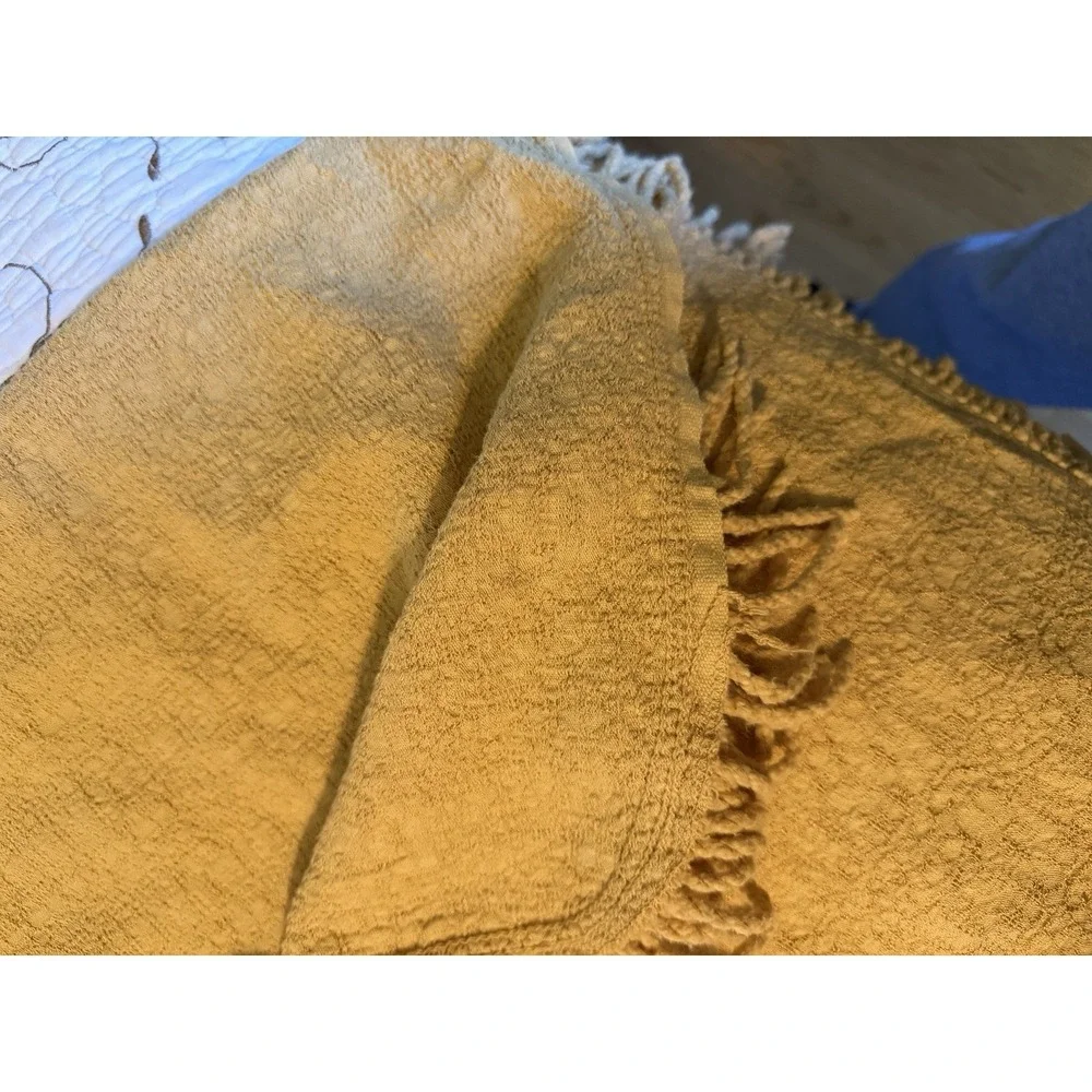 Vtg MCM 60s Boho Gold Fringe Tablecloth Textured Square (ish) 60